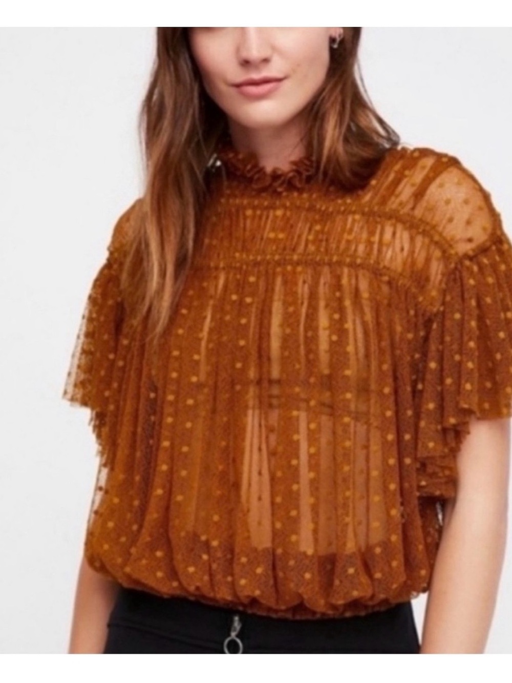 Free People Bronze Gold Dot Mesh Blouse Ruffle Sleeve Disco Mock Neck